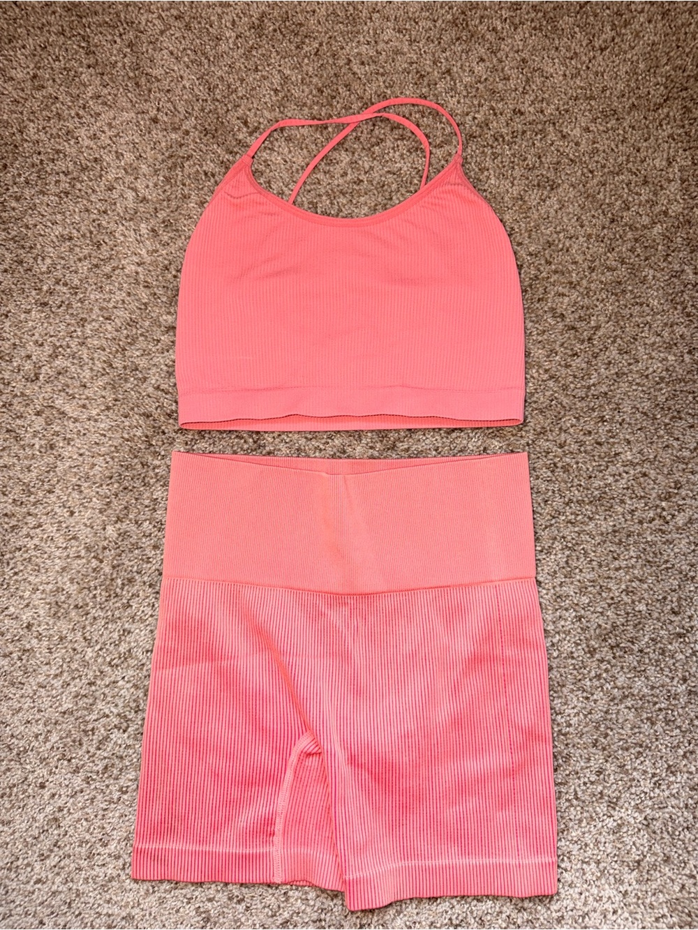 Seamless Ribbed Cropped Bralette & High-Waist Bike Shorts Set - Coral Pink